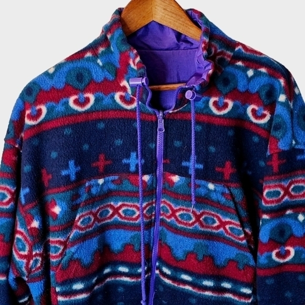 British Mist Reversible Aztec Print Windbreaker Fleece Jacket Sz L Vintage 80s. - Picture 3 of 12